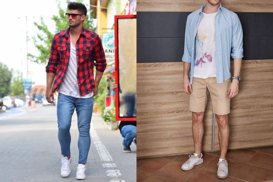 Phối layer áo sơ mi khoác ngoài, áo phông cùng cách phối đồ với giày Stan Smith nam