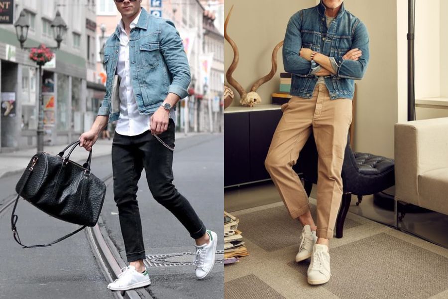 Phối giày Stan Smith nam cùng áo khoác jeans bụi bặm