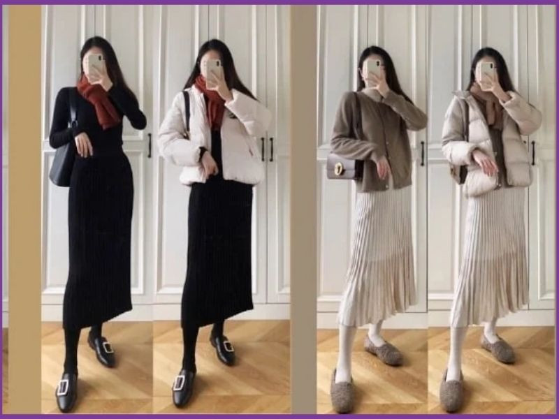 Ấm áp và năng động với áo phao ngắn màu kem và áo giữ nhiệt bên trong, phối cùng chân váy chữ A dáng dài họa tiết