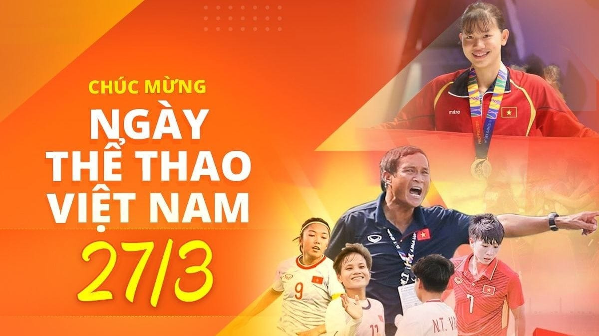 Áp phích tuyên truyền về Ngày Thể thao Việt Nam 27/3, khuyến khích luyện tập thể dục thể thao.
