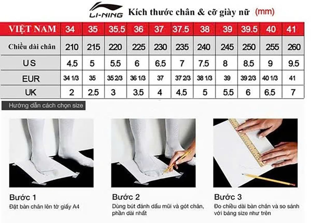 Bảng hướng dẫn chọn size giày cầu lông nữ
