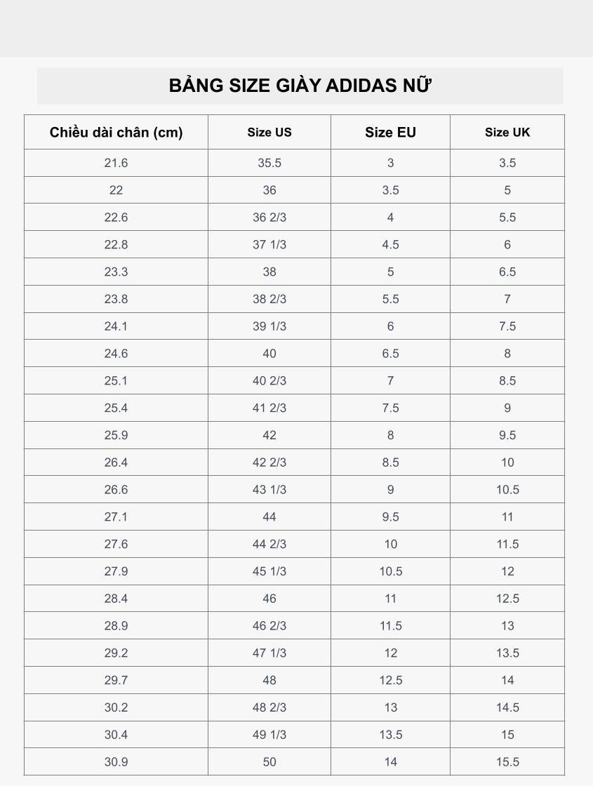 Bảng size giày Adidas nữ giúp chọn đúng kích cỡ cho chân dài 23cm