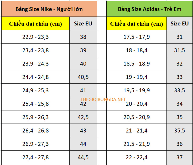 Bảng size giày đá banh Nike tại các shop giày thể thao
