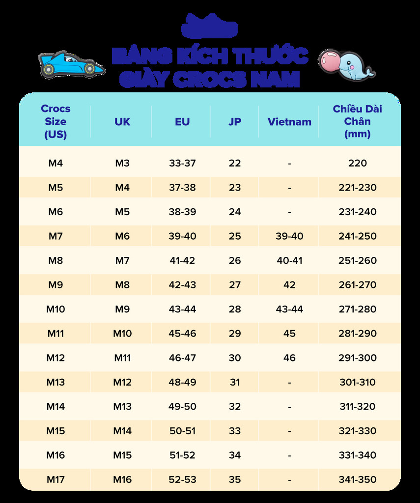 Bảng size giày dép nam