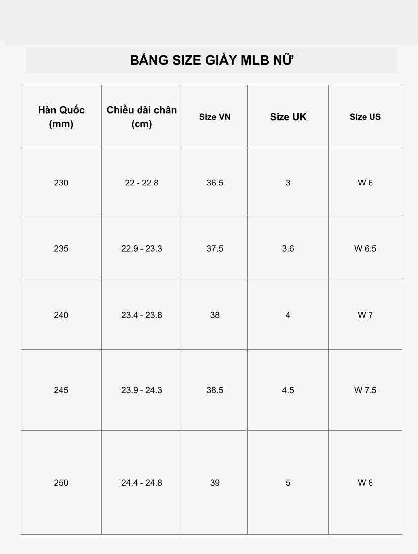 Bảng size giày nữ MLB cập nhật, giúp xác định chân 23cm đi giày size bao nhiêu nữ