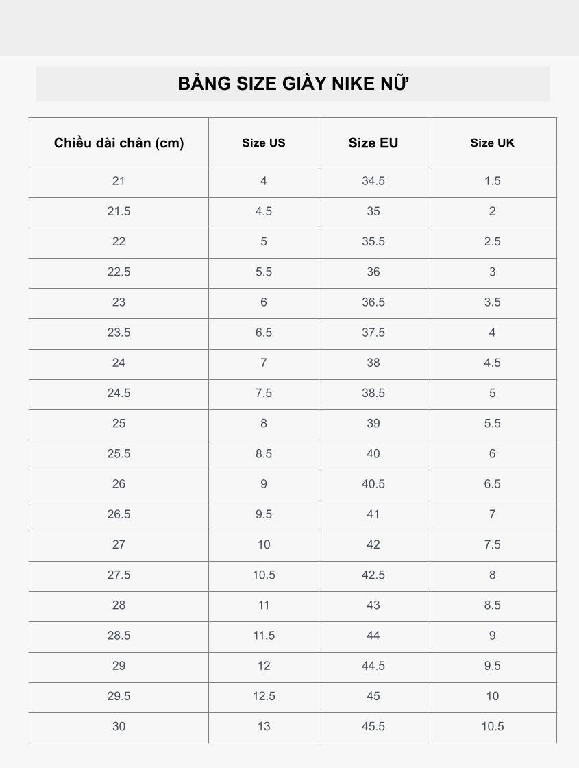 Bảng size giày nữ Nike tham khảo cho bàn chân 23cm, giúp bạn biết chân 23cm đi giày size bao nhiêu nữ