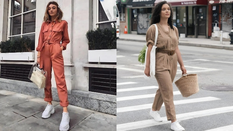 Cá tính cùng jumpsuit xanh rêu và giày trắng nữ năng động