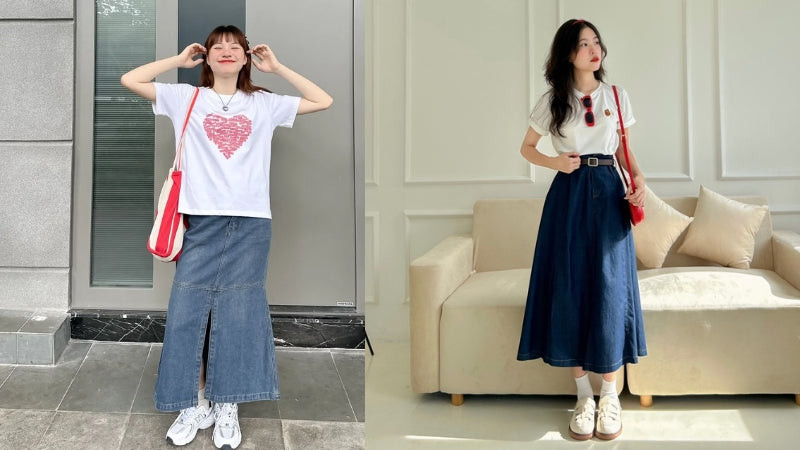 Chân váy jean dài kết hợp cùng áo thun và giày sneaker, tôn lên vẻ ngoài năng động, phù hợp với mọi cô gái.