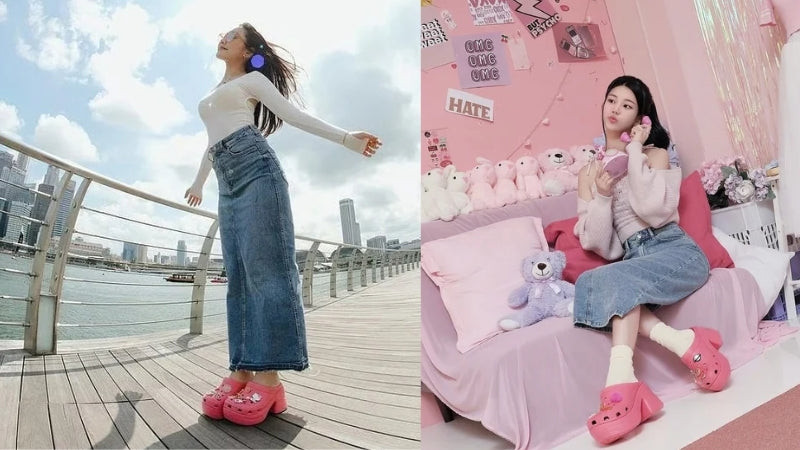 Chân váy jean dài kết hợp với giày Crocs màu xanh, mang đến phong cách trẻ trung và phá cách.