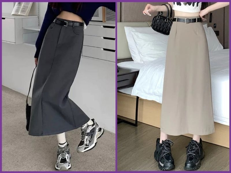 Cô gái cá tính với chân váy chữ A dáng dài jean và áo thun, đi dép Crocs màu hồng đáng yêu