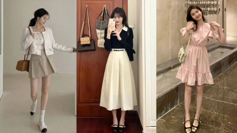 Cô gái dễ thương mặc chân váy xòe hoa phối giày đế bệt màu hồng pastel