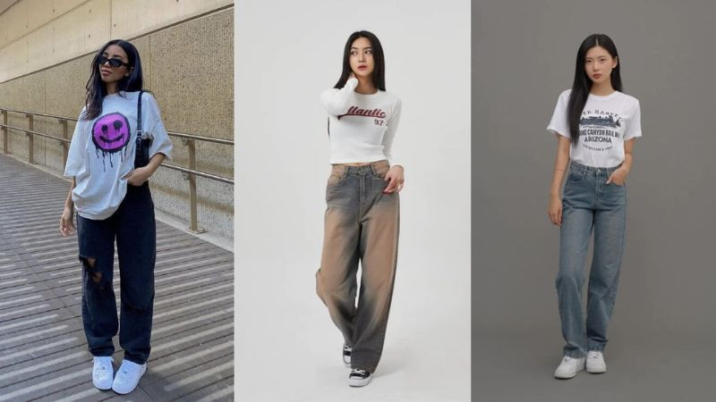 Cô gái diện áo thun trắng, quần jeans ống rộng và giày thể thao trắng