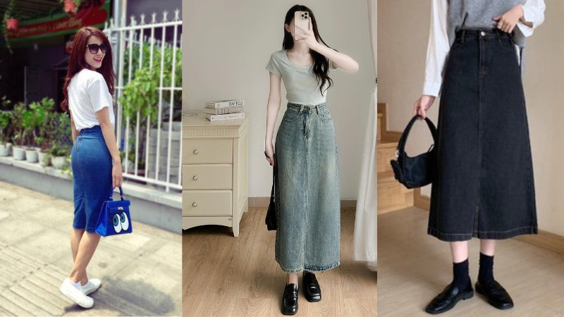 Cô gái diện chân váy bò dài và giày lười phóng khoáng