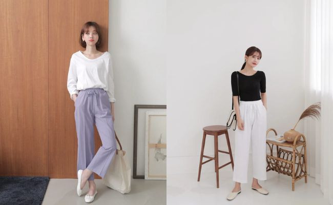 Cô gái diện quần ống rộng chất liệu nhẹ và giày búp bê đơn giản, thanh lịch