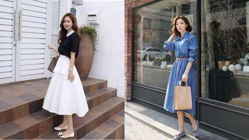 Cô gái duyên dáng mặc chân váy xòe trắng phối giày wedge đế cói