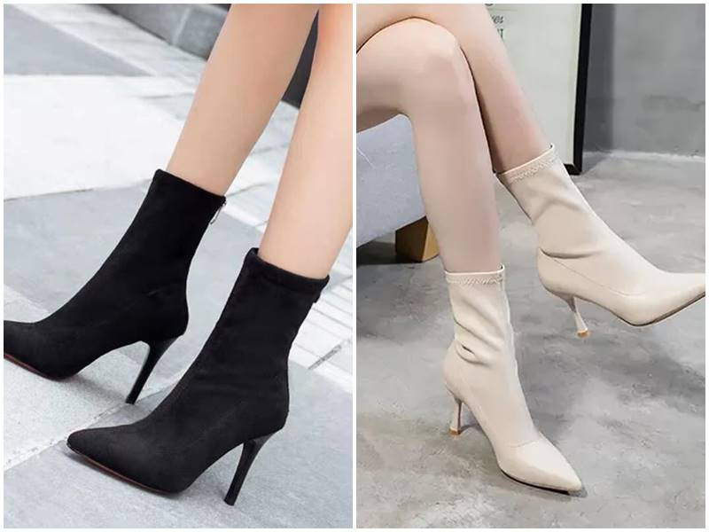 Cô gái mặc áo dài cách tân màu đỏ đô phối boots cao gót đen