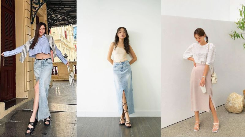 Cô gái mặc chân váy dài họa tiết và sandal quai mảnh màu nâu, phong cách dạo phố.