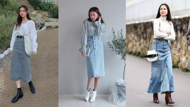 Cô gái phong cách diện chân váy bò dài và boots