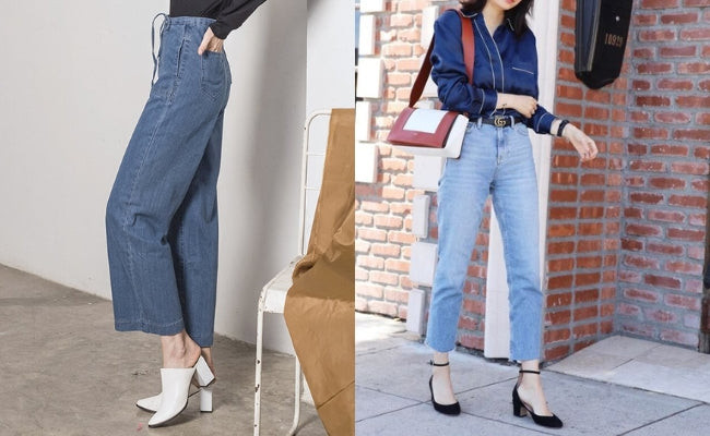 Cô gái thanh lịch diện quần ống rộng cạp cao màu trung tính và giày cao gót, phù hợp cho môi trường công sở