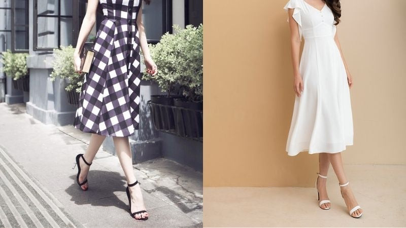 Cô gái thanh lịch mặc chân váy xòe màu nude phối giày cao gót mũi nhọn