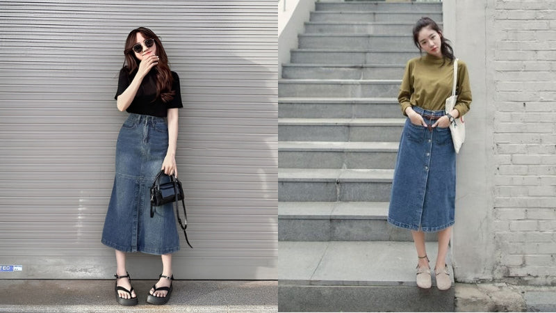 Cô gái thoải mái dạo phố với chân váy jean dài và sandal, kết hợp cùng áo hai dây đơn giản.