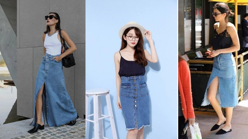 Cô gái thời thượng diện chân váy bò dài và giày sục mules