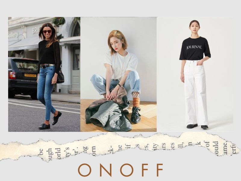 Cô gái trẻ mặc áo sơ mi kẻ sọc, quần jeans ống rộng và giày oxford đen
