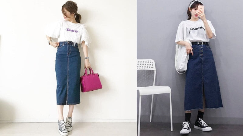 Cô gái trẻ trung diện chân váy bò dài và giày Converse