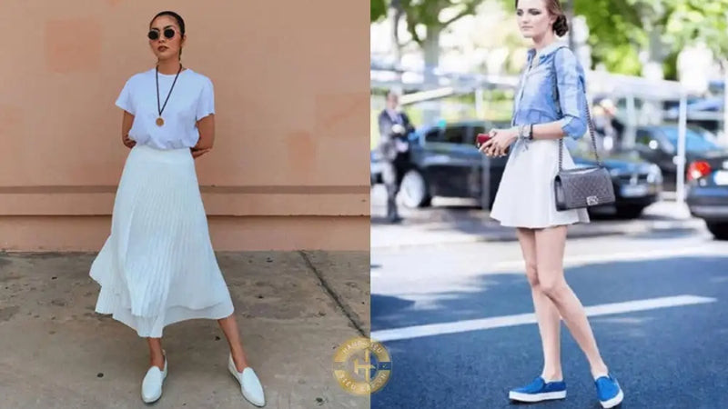 Cô gái trẻ trung mặc chân váy xòe jean phối giày slip-on họa tiết caro