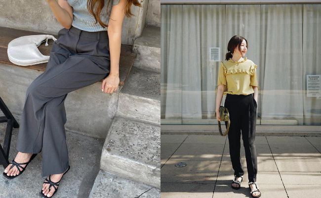 Cô gái với sandals quai mảnh và quần ống rộng trắng, phong cách mùa hè