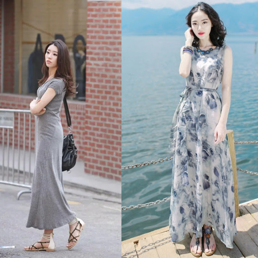 Đầm maxi hoa và sandal xỏ ngón đơn giản, phong cách dạo phố thoải mái
