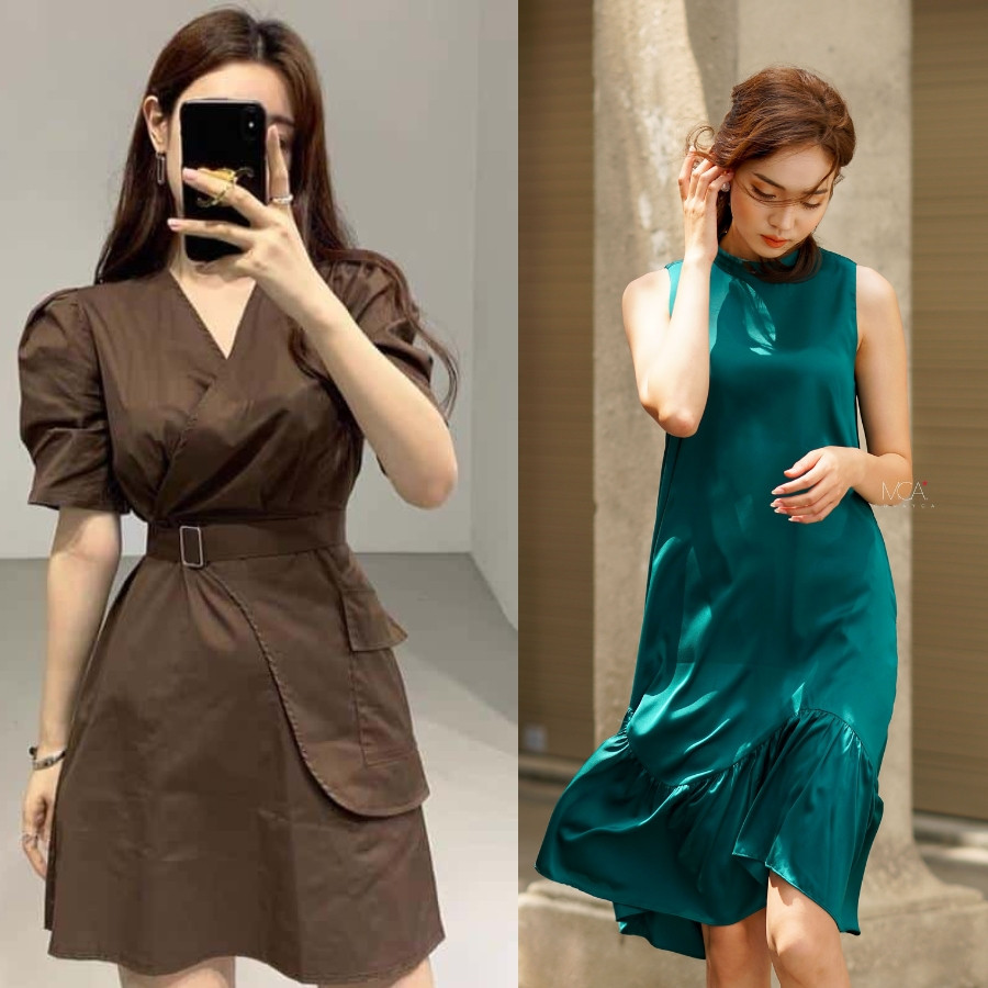 Đầm vải voan nhẹ nhàng phối giày cao gót mảnh, chất liệu đầm và giày tương đồng