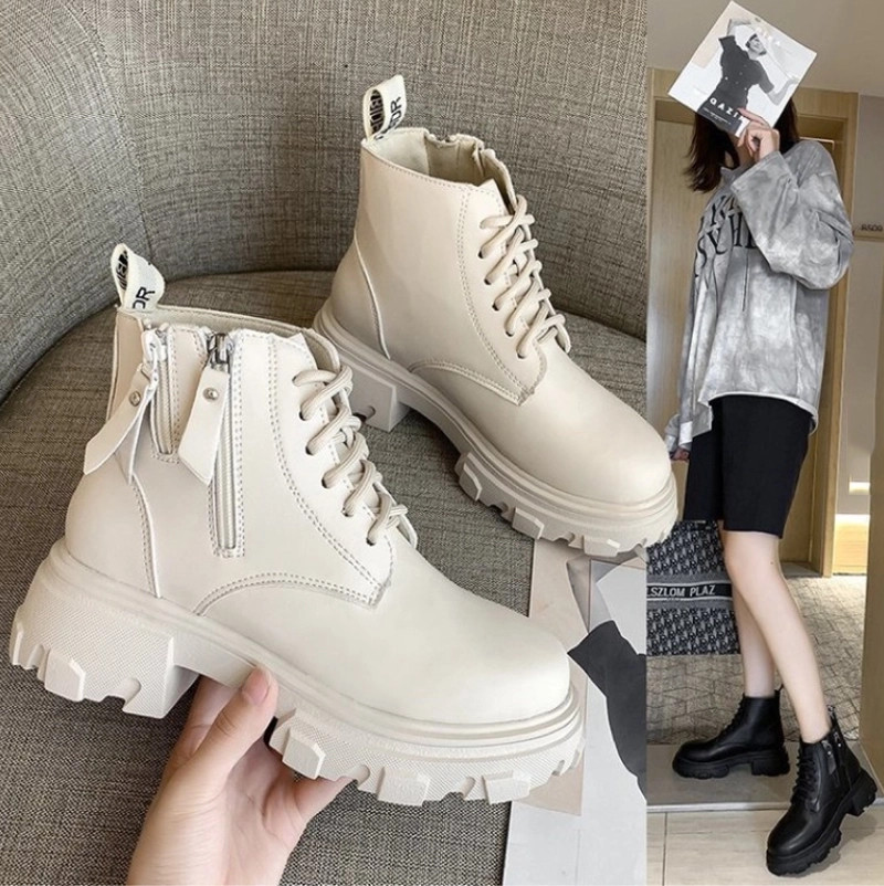 Giầy boot da độn đế nữ màu đen, phong cách sành điệu