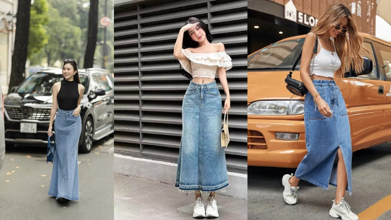 Giày thể thao mang đến sự năng động, trẻ trung và cá tính cho set đồ chân váy jean dài.