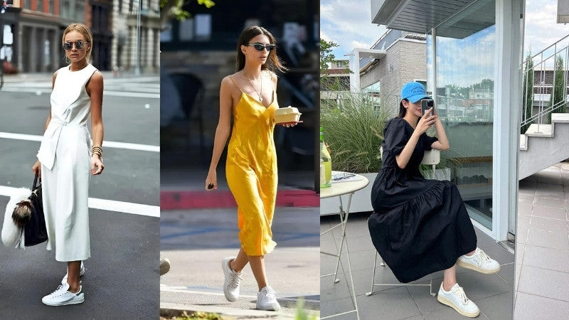 Giày thể thao trắng nữ phối với váy suông