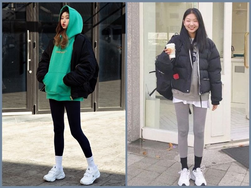 Giày thể thao với áo hoodie oversized và quần legging năng động