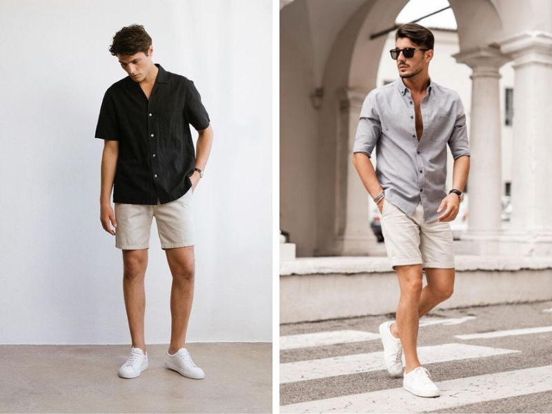 Gợi ý phối đồ nam với giày thể thao, quần short và sơ mi lịch lãm