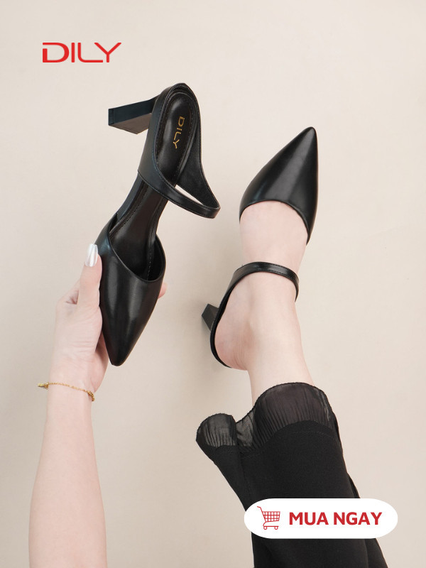 Guốc mules cao gót mũi nhọn màu đen, gót vuông 6cm thanh lịch