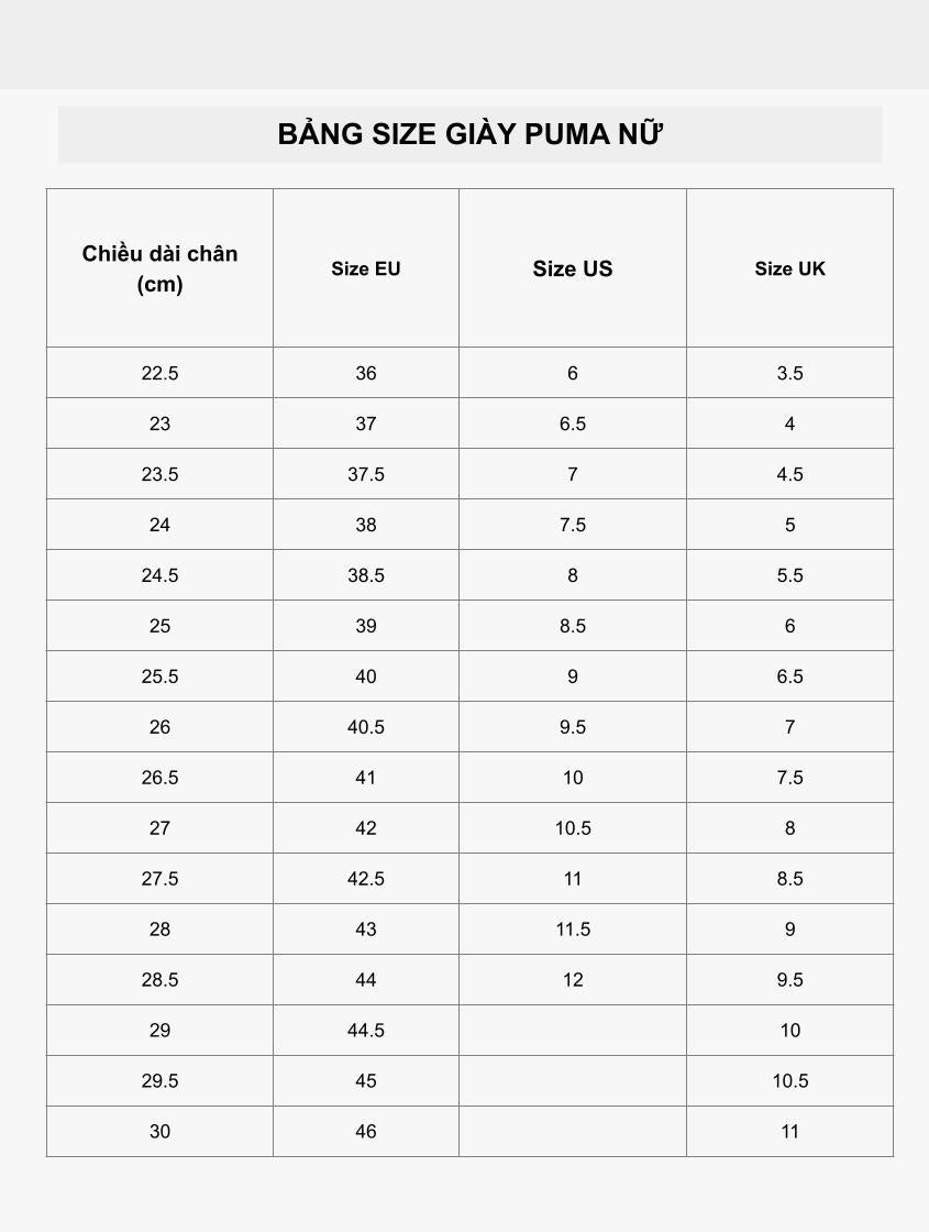 Hướng dẫn chọn size giày nữ Puma cho bàn chân 23cm theo bảng chuẩn