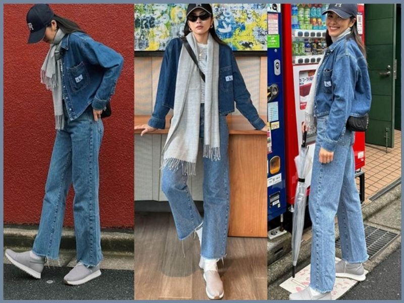 Kết hợp phong cách denim on denim với giày thể thao nữ màu trắng