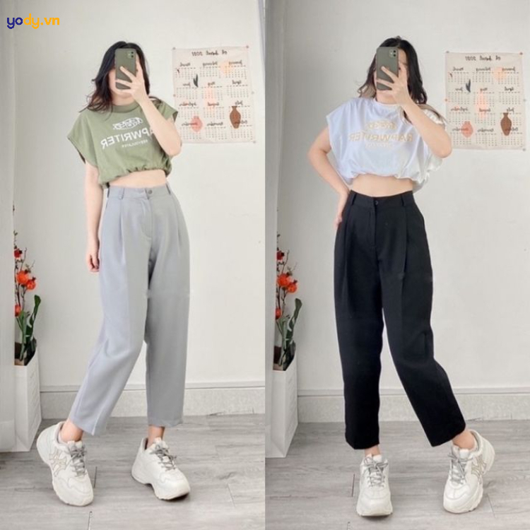 Mặc quần baggy vải đi giày thể thao nữ trẻ trung và phong cách