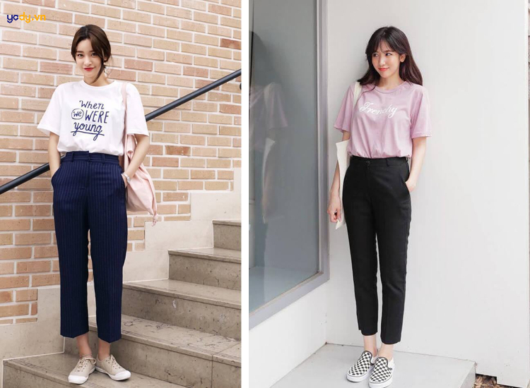 Lưu ý chọn quần vải phù hợp khi mặc quần vải đi giày thể thao nữ