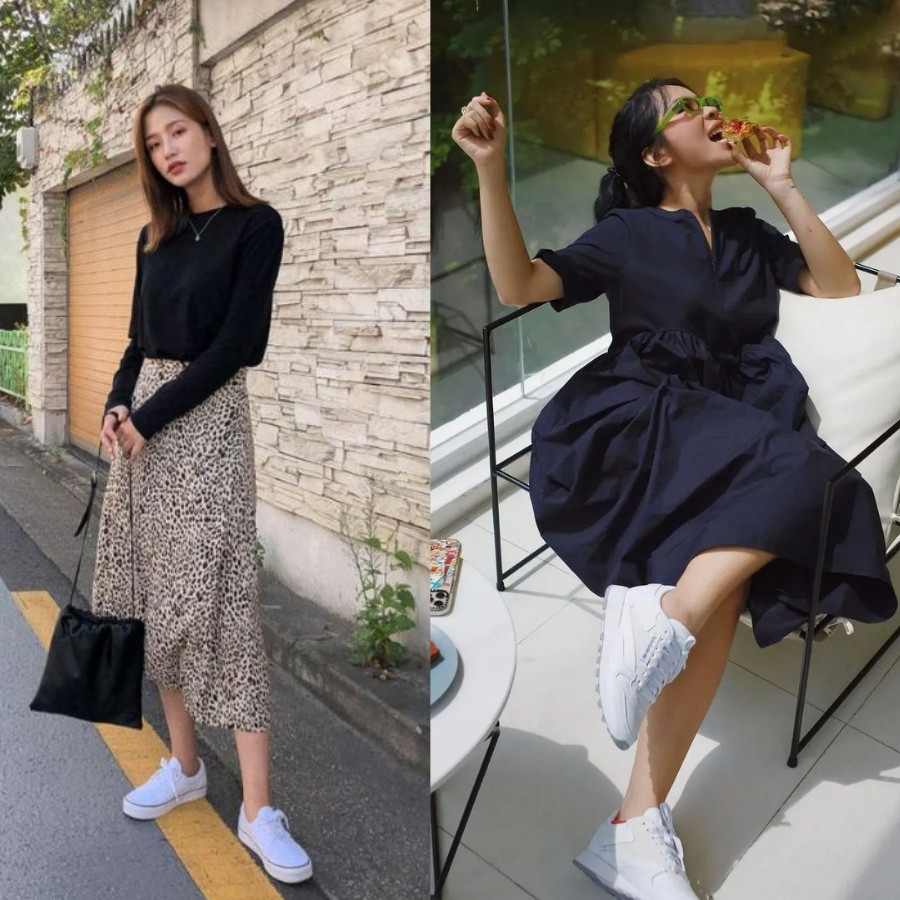 Mẫu đầm họa tiết hoa kết hợp giày thể thao Converse trắng, phong cách trẻ trung năng động