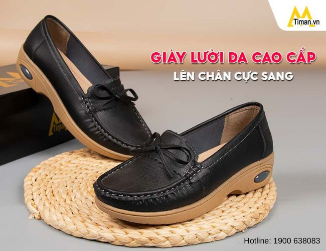 Mẫu giày lười nữ cao cấp bằng da trơn màu đen sang trọng