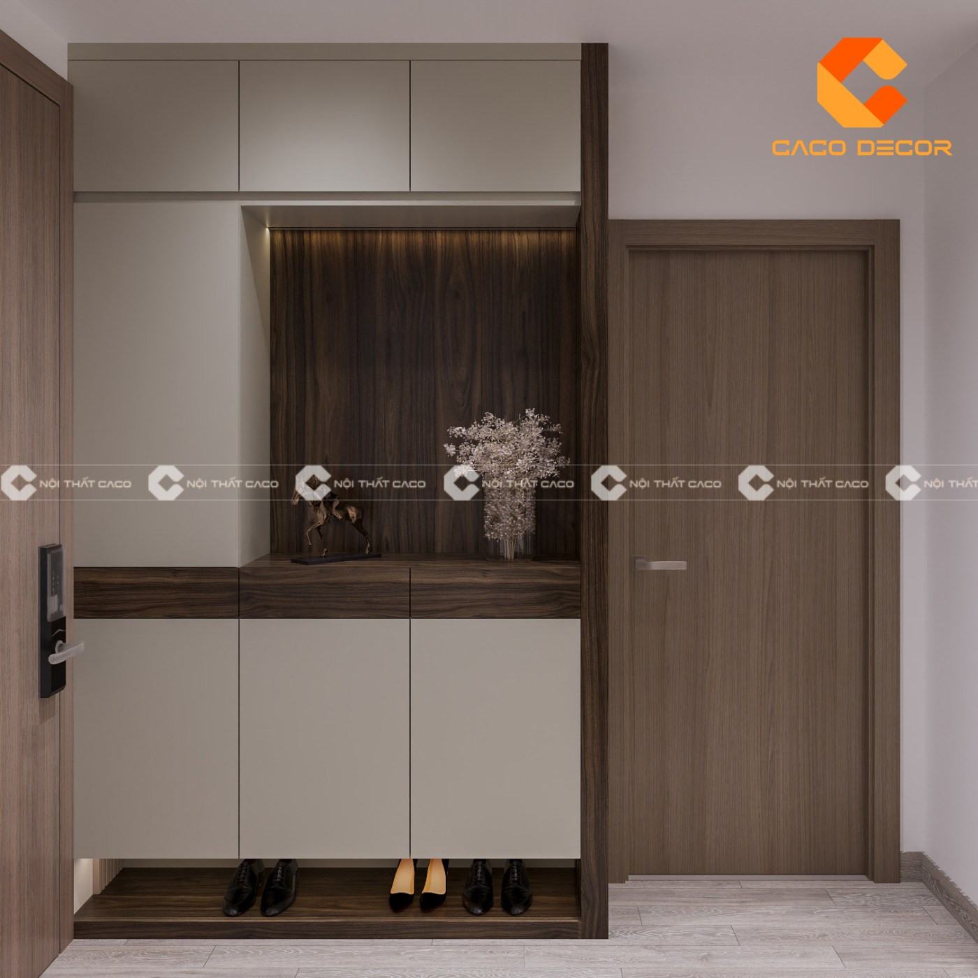 Mẫu tủ giày kịch trần tông màu gỗ sáng ấm áp