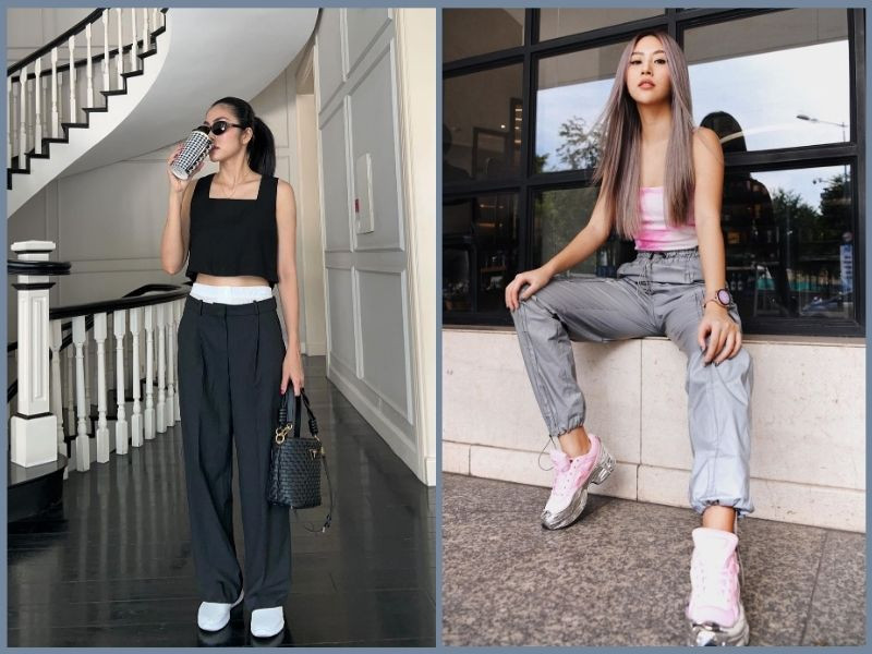 Mix đồ với giày thể thao nữ cùng quần ống suông và áo croptop khoe dáng