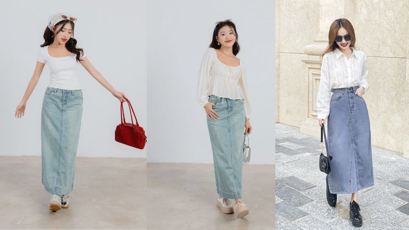 Một cô gái đang cân nhắc chọn giày phù hợp với chân váy bò dài