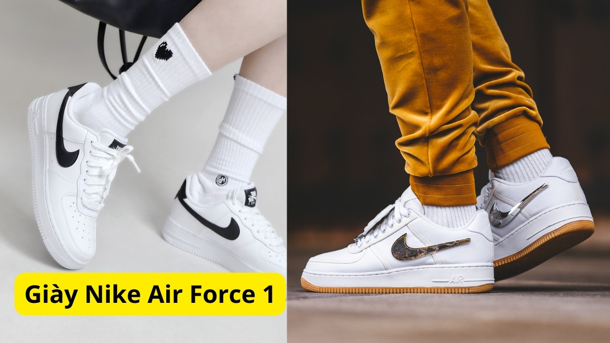 Một đôi giày Nike Air Force 1 trắng cổ thấp được chụp cận cảnh