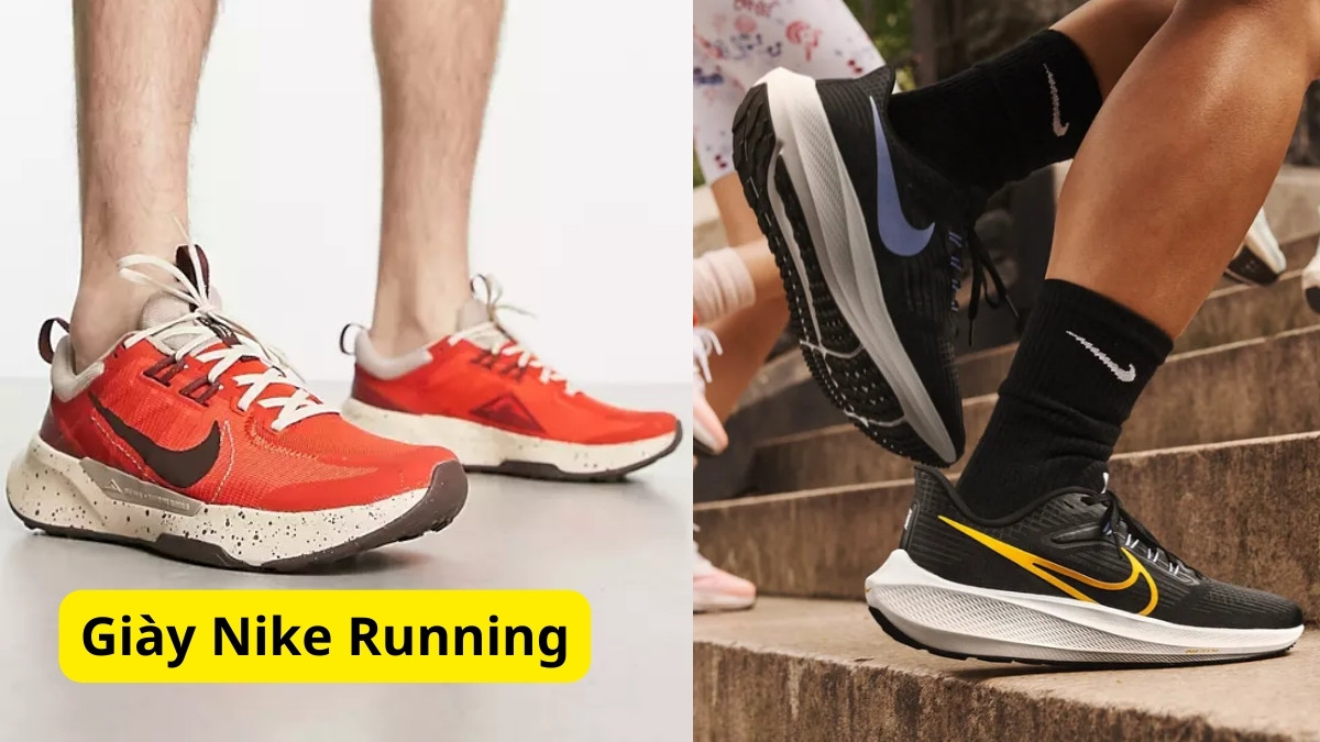 Một đôi giày Nike Running màu sắc tươi sáng đặt trên đường chạy bộ