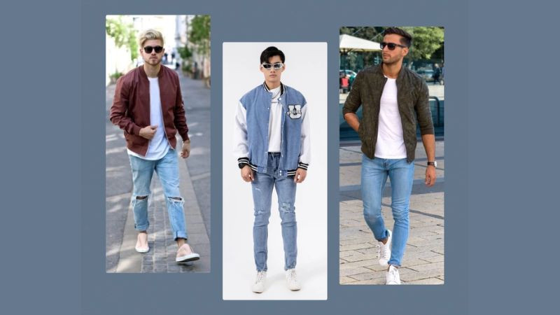 Nam giới mặc áo khoác bomber, áo thun trắng, quần jeans và giày thể thao